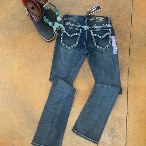 Grace in LA Denim - Womens Easy Fit Faux Flap Pocket Bling Bootcut Jeans